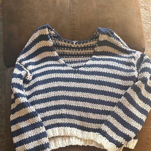 Free People Blue and Cream Striped V-Neck Sweater